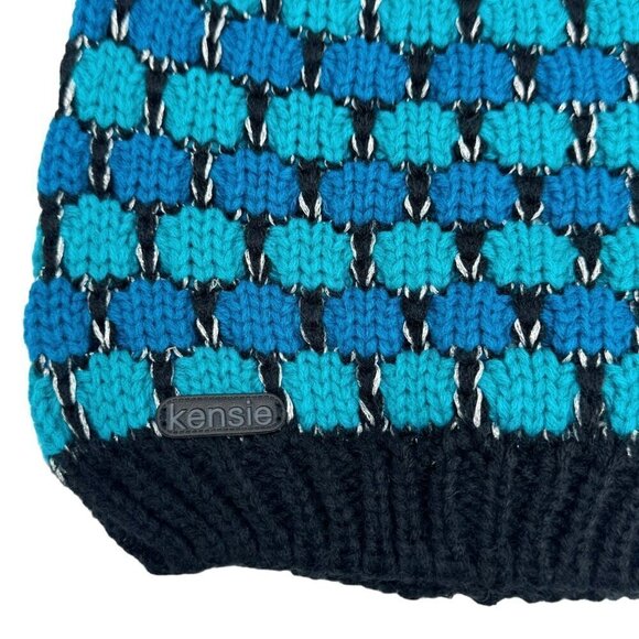 NWT KENSIE Knit Beanie & Infinity Scarf Set 2PCs Blue Turquoise Geometric - Picture 6 of 16